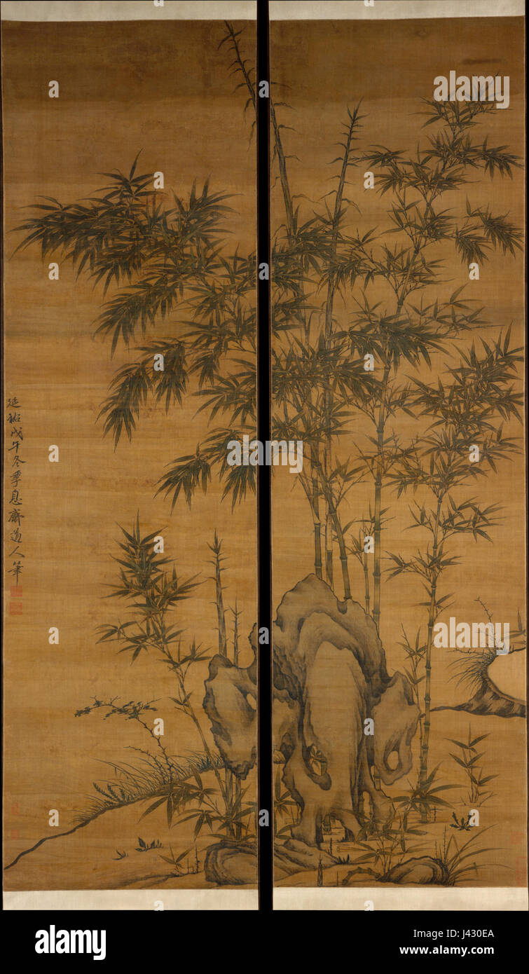 Das Gemälde „Bambus und Felsen“ von Li Kanâ aus dem Jahr 1318 ist ein bedeutendes Werk in der chinesischen Kunstgeschichte, das natürliche Elemente mit komplizierten Details darstellt und artistâ die Beherrschung traditioneller Pinselarbeiten zeigt. Stockfoto