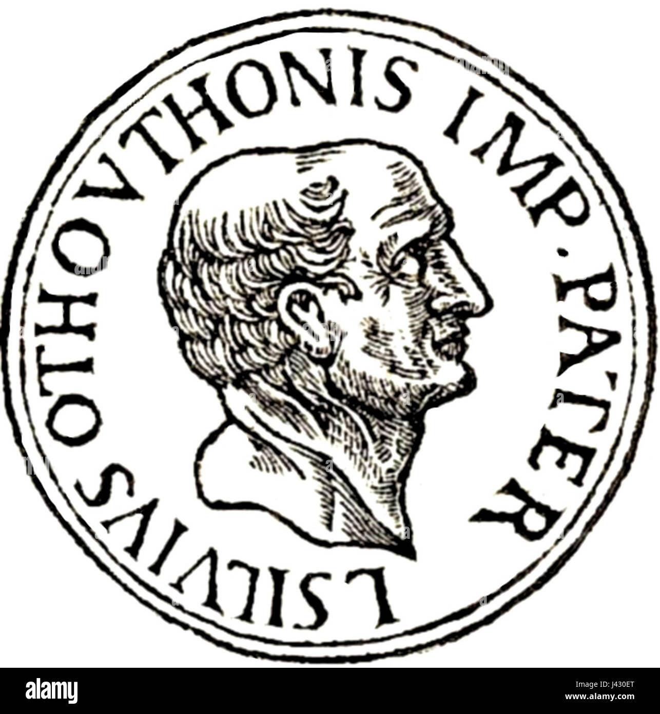 Lucius Otho war ein römischer Kaiser, der 69 n. Chr. in einem turbulenten Jahr in der römischen Geschichte regierte, das als das Jahr der vier Kaiser bekannt war. Seine Herrschaft dauerte nur drei Monate vor seinem Tod durch Selbstmord, ein dramatisches Ende seiner kurzen Herrschaft. Stockfoto