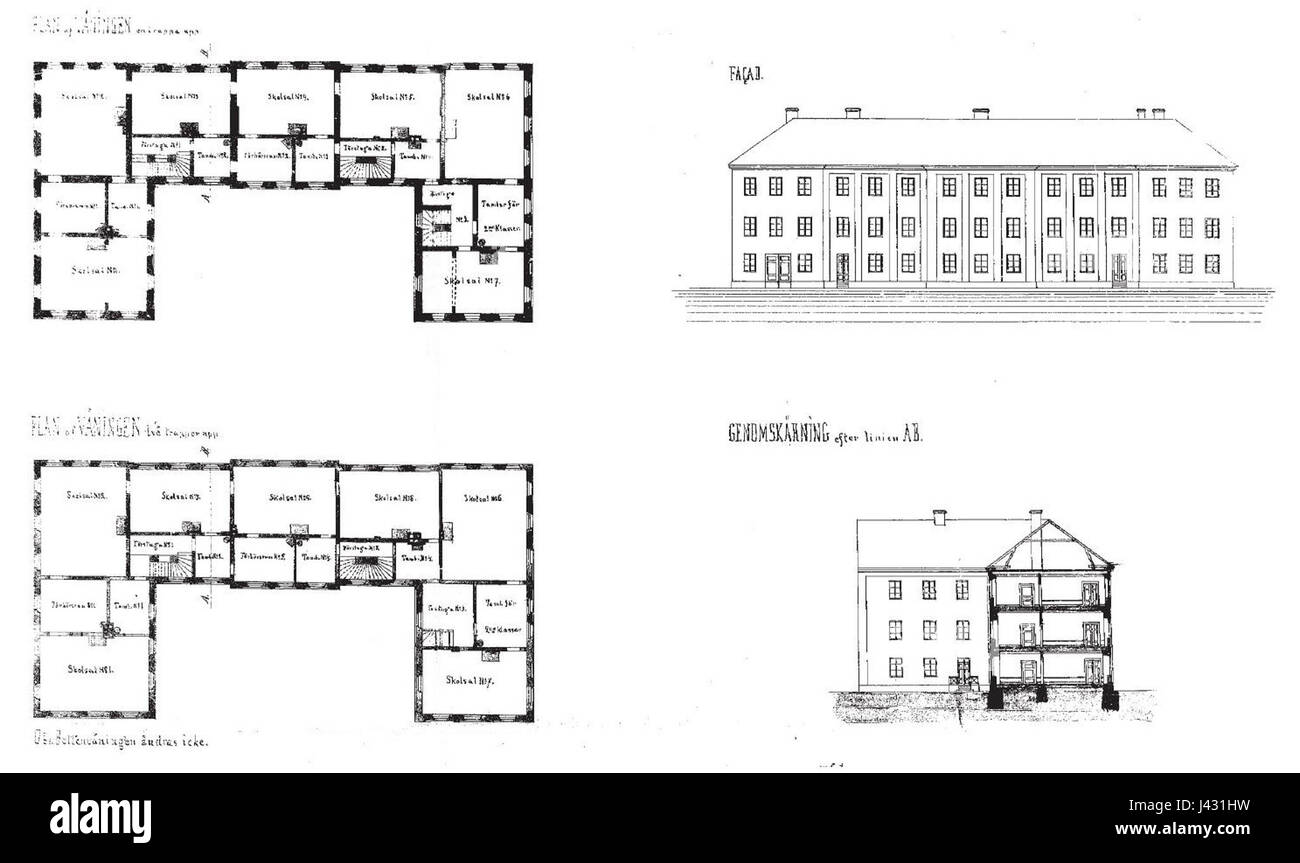 „Malongen ritningar 1867“ bezieht sich auf eine Sammlung von Architekturzeichnungen aus dem Jahr 1867, die wahrscheinlich die Planung und Planung von Gebäuden oder Strukturen detailliert beschreiben. Diese Zeichnungen bieten historische Einblicke in die Architekturstile des 19. Jahrhunderts. Stockfoto