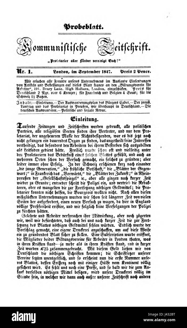 Kommunistische Zeitschrift (1847) 1 Stockfoto