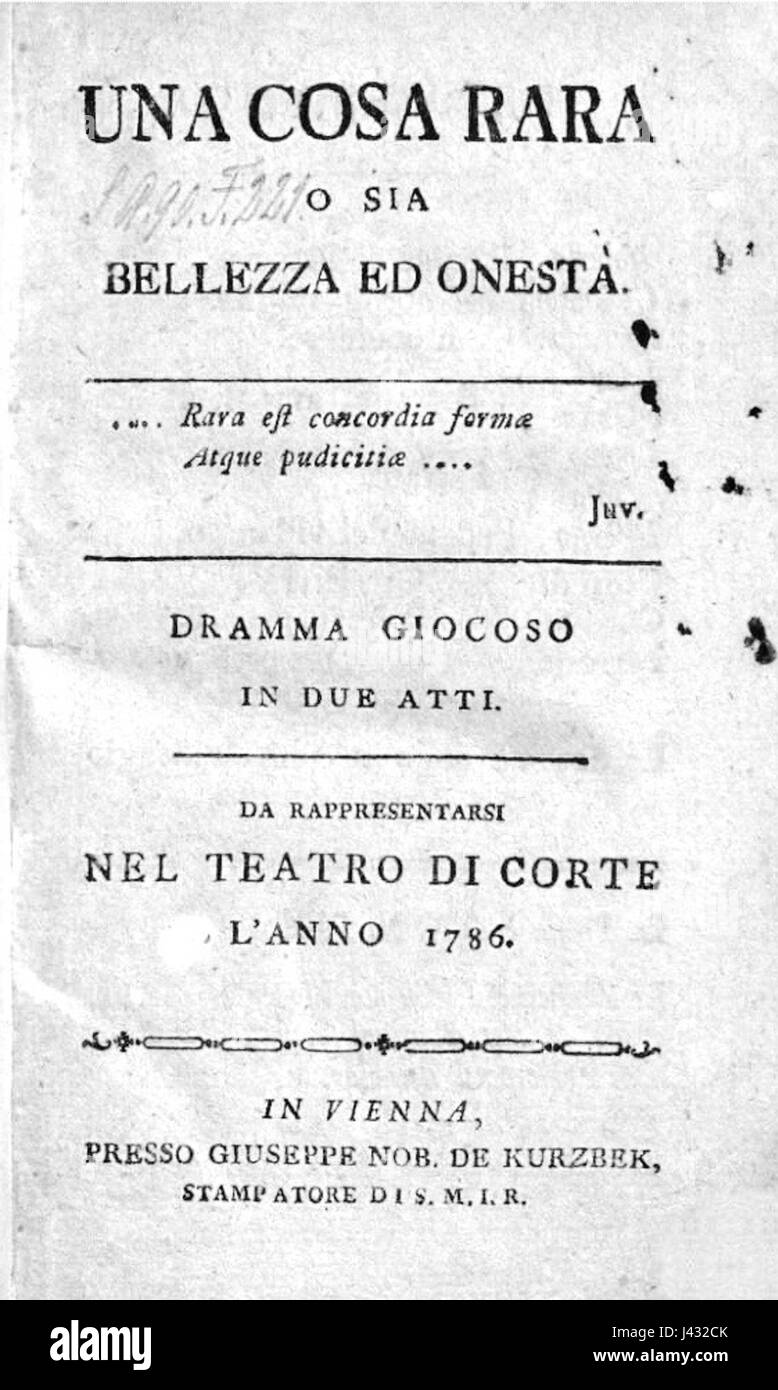Libretto Una Cosa Rara Vienna 1786 Stockfoto