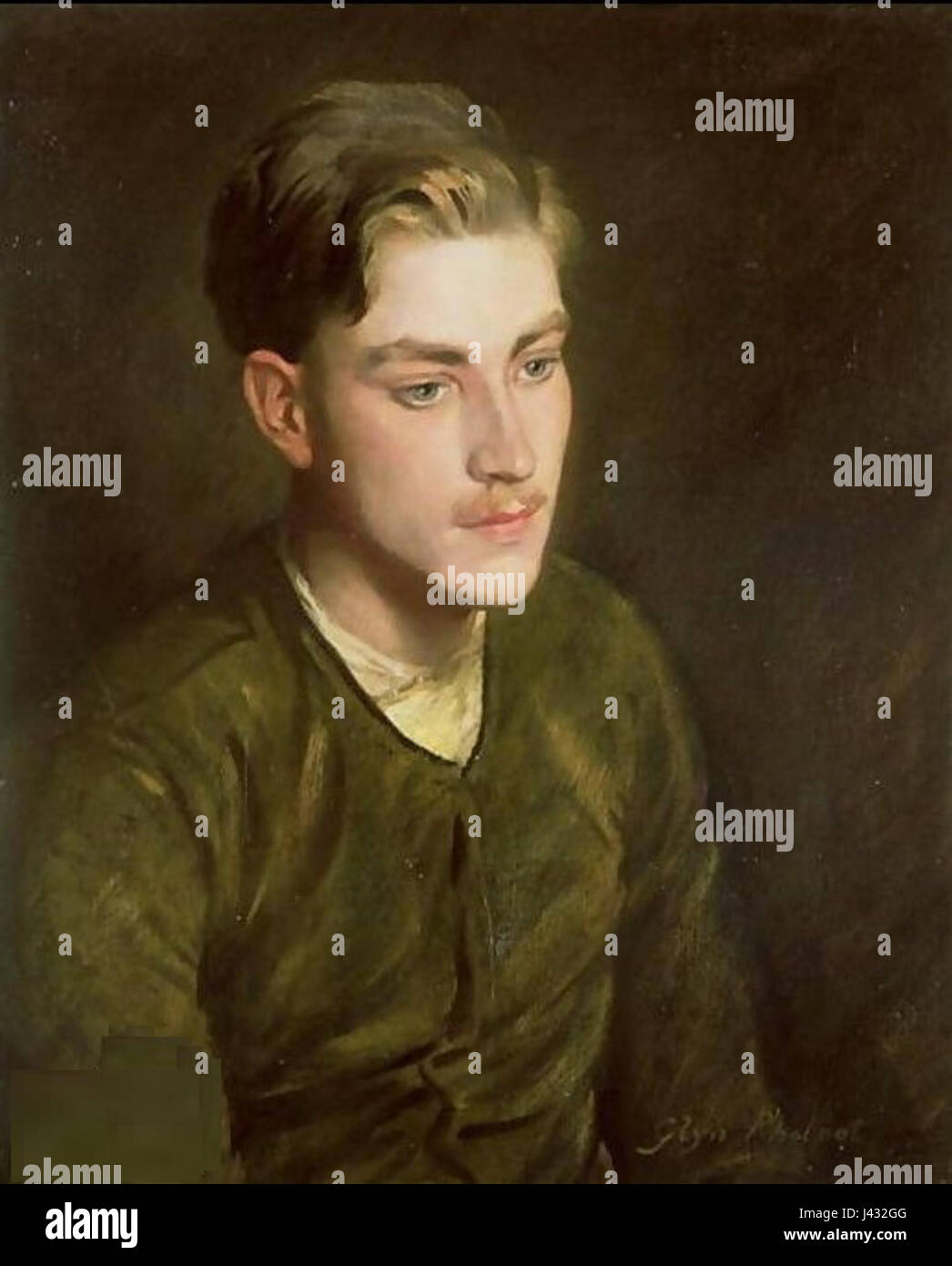 „Man in a Flying Jacket“ ist ein historisches Foto aus dem Jahr 1916, das einen Mann mit einer Flugjacke zeigt. Dieses Bild spiegelt die Anfänge der Luftfahrt und die Kleidung der Piloten während des Ersten Weltkriegs wider Stockfoto