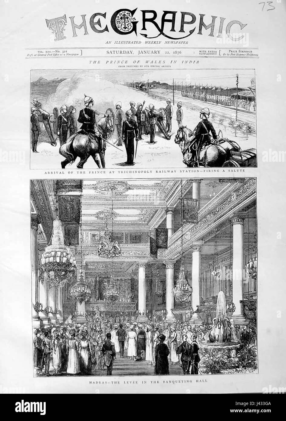 Eine Illustration aus dem Jahr 1876 in der Graphic, die den Levee in der Bankettsaal in Madras darstellt, um die Ankunft des Prinzen von Wales zu feiern. Stockfoto