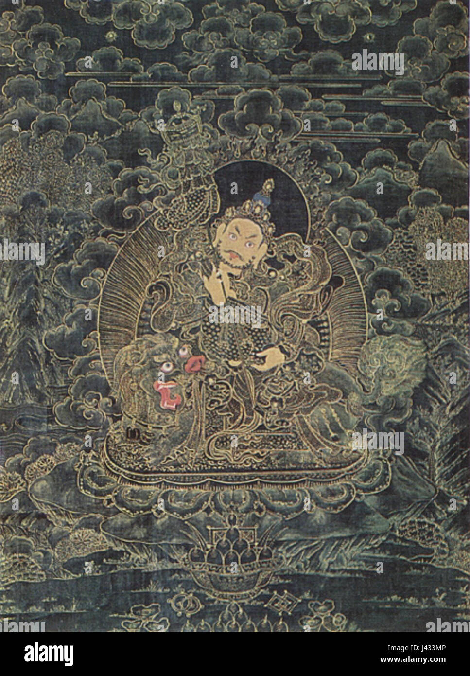 Kubera ist eine Gottheit in hinduistischen und buddhistischen Traditionen, weithin als Gott des Reichtums und des Wohlstands anerkannt. Er wird als Hüter der Schätze und Herrscher der himmlischen Schätze dargestellt. Kuberas Bildsprache wird oft mit Überfluss und materiellem Reichtum in Verbindung gebracht und spielt sowohl in religiösen als auch kulturellen Praktiken eine zentrale Rolle. Stockfoto