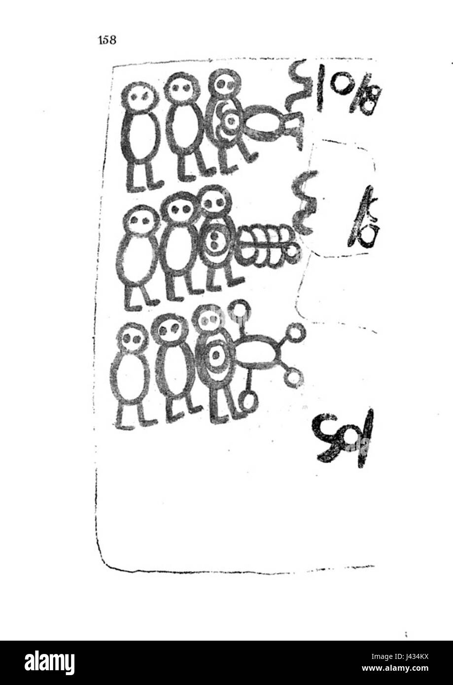 „Livre des Sauvages“ ist ein Text, der indigene Kulturen beschreibt und detaillierte Darstellungen über die indigenen Völker, ihre Traditionen und Lebensstile enthält. Auf Seite 158 werden spezifische kulturelle Praktiken und Rituale beschrieben, die von diesen Gruppen beobachtet werden. Stockfoto