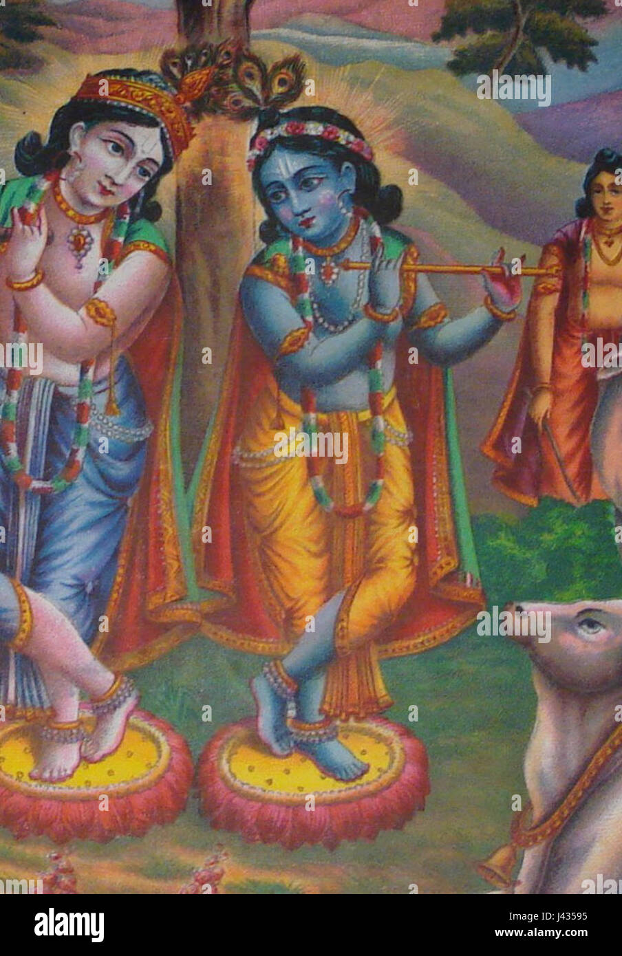 Eine Darstellung von Lord Krishna, einer zentralen Figur in der hinduistischen Mythologie, die eine Flöte spielt. Die Szene symbolisiert die göttliche Verbindung zwischen Krishna und der Natur und wird oft mit Themen wie Liebe, Hingabe und Spiritualität im Hinduismus assoziiert. Stockfoto