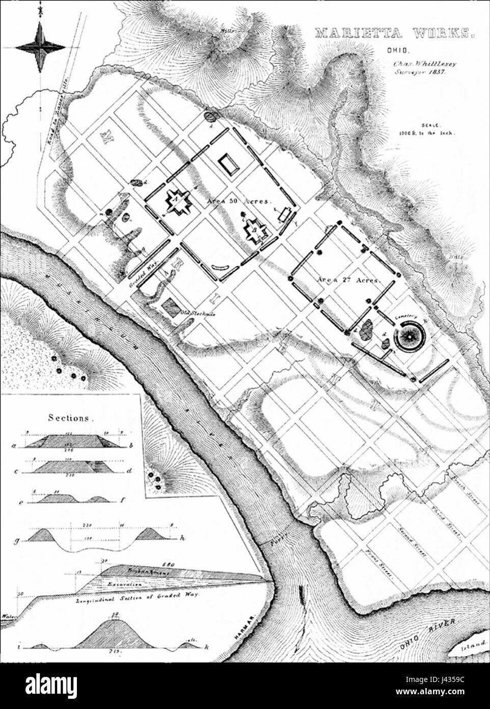Die Marietta Works Squier and Davis Plate XXVI zeigt ein historisches Bild oder Diagramm aus dem 19. Jahrhundert, das von Squier und Davis erstellt wurde und wahrscheinlich industrielle oder architektonische Arbeiten aus der Gegend von Marietta darstellt. Die Platte ist Teil einer größeren Sammlung, die sich auf historische Sehenswürdigkeiten oder Entwicklungen konzentriert. Stockfoto