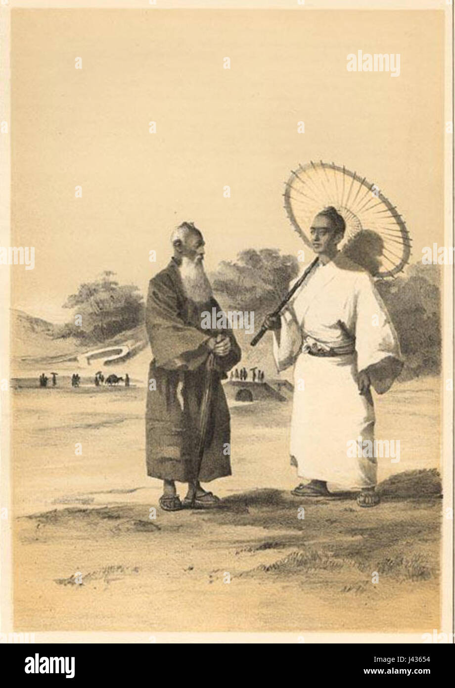 Lew Chew Kostüme beziehen sich auf die traditionelle Kleidung, die die Mittelschicht in Lew Chew trägt, einer historischen Region, die für ihre einzigartigen Kleidungsstile bekannt ist. Diese Kostüme spiegeln den sozialen Status und die kulturellen Praktiken der damaligen Zeit wider. Stockfoto