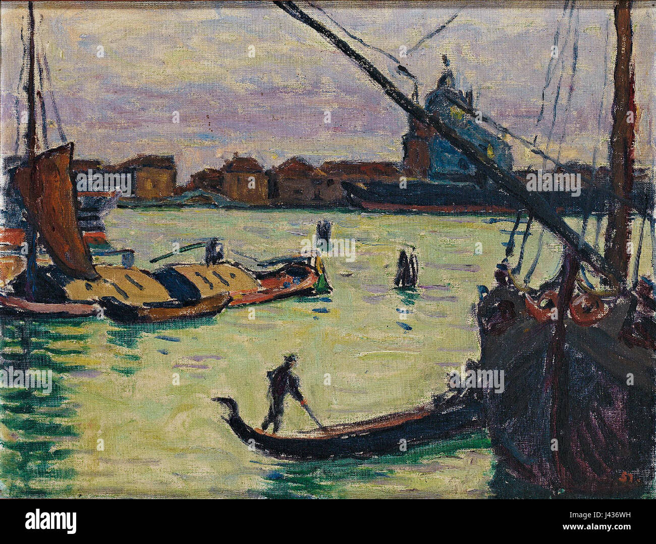 Max Arthur Stremels Werk „Giudecca“ aus dem Jahr 1914 bietet einen detaillierten Blick auf die venezianische Insel Giudecca und fängt ihre Architektur, Kanäle und Atmosphäre ein. Stremels Werk spiegelt seine scharfe Beobachtung des venezianischen Lebens und der urbanen Umgebung während des frühen 20. Jahrhunderts wider. Stockfoto