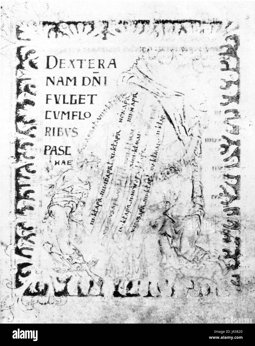 Dieser Eintrag bezieht sich auf eine spezifische Abbildung, die im Leofric Misal, einem mittelalterlichen Manuskript, gefunden wurde. Die österliche Handabbildung stellt eine wichtige liturgische Szene dar, die wahrscheinlich mit der Osterzeit in christlichen Ritualen zusammenhängt. Stockfoto