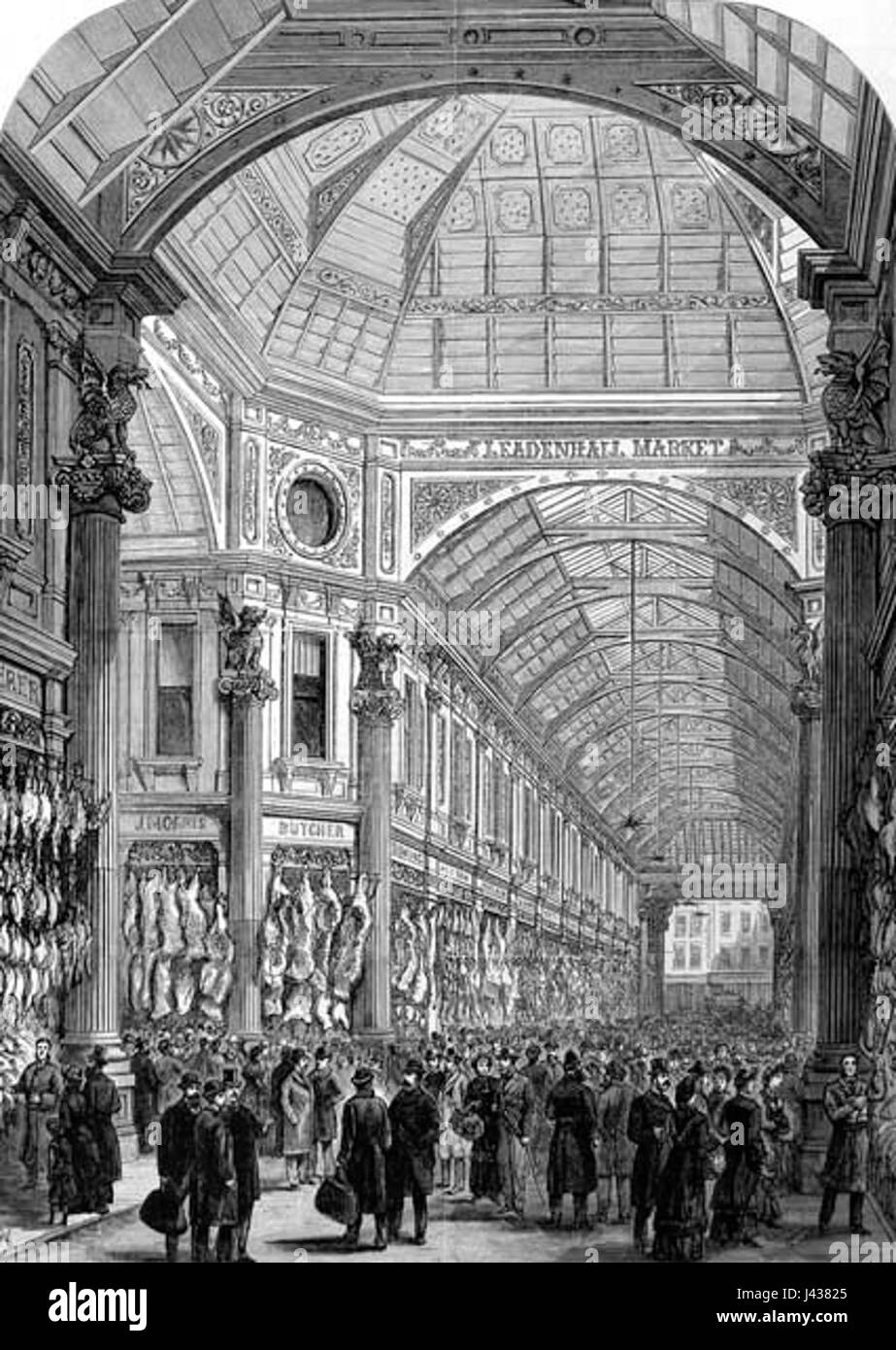 Der Leadenhall Market, ein historischer überdachter Markt in London, ist in dieser Illustration von The Illustrated London News aus dem Jahr 1881 zu sehen. Die Abbildung zeigt die architektonische Schönheit des Marktes und seine Rolle im Londoner Geschäftsleben. Stockfoto
