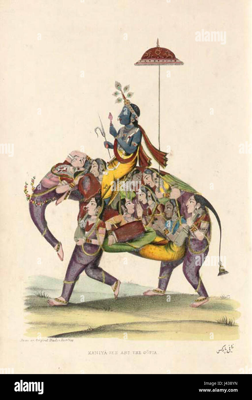 Dieses Kunstwerk zeigt die hinduistische Gottheit Krishna auf einem Gopi-Elefanten, eine symbolische Darstellung in der hinduistischen Mythologie. Es unterstreicht Krishnaâ göttliche Verbindung zur Natur und seinen Anhängern. Stockfoto