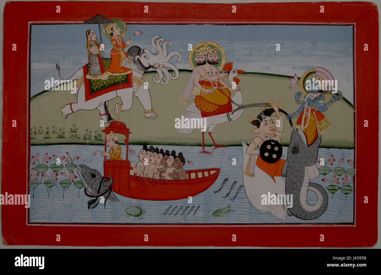 Matsya, die Fischinkarnation des hinduistischen Gottes Vishnu, rettete die alten Texte und den Salbei Manu vor einer großen Flut. Dieser Mythos ist ein zentrales Element der hinduistischen Kosmologie und symbolisiert göttliche Intervention und die Erhaltung des Wissens. Stockfoto