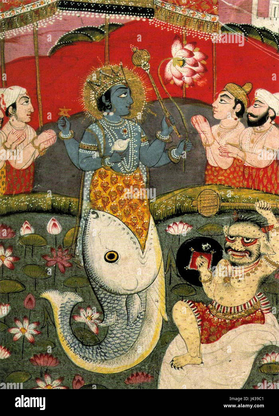 Das Matsya-Gemälde veranschaulicht die mythologische Geschichte von Matsya, einem Avatar des hinduistischen Gottes Vishnu. Es zeigt, wie Matsya die heiligen Texte und Weisen vor einer großen Flut rettet, ein bedeutendes Ereignis in der hinduistischen Mythologie, das göttliche Eingreifen und Schutz symbolisiert. Stockfoto