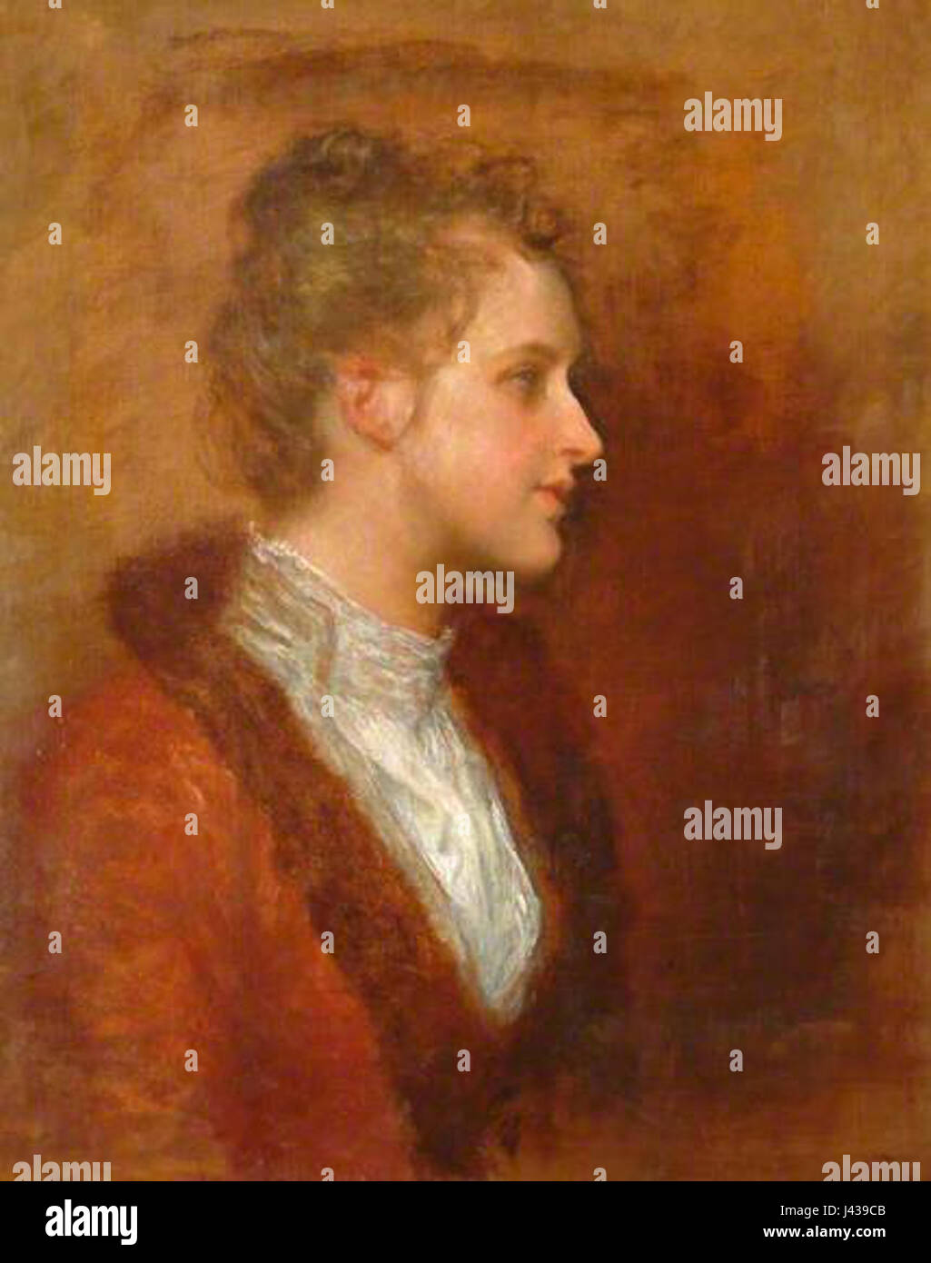 „Lila Prinsep“ ist ein Porträt von George Frederic Watts, das seinen charakteristischen Stil der Darstellung von Motiven mit emotionaler Tiefe und Symbolik zeigt. Watts, ein berühmter viktorianischer Maler, fängt Lila Prinseps Anmut und Charakter in einer sorgfältig komponierten und ausdrucksstarken Darstellung ein. Stockfoto