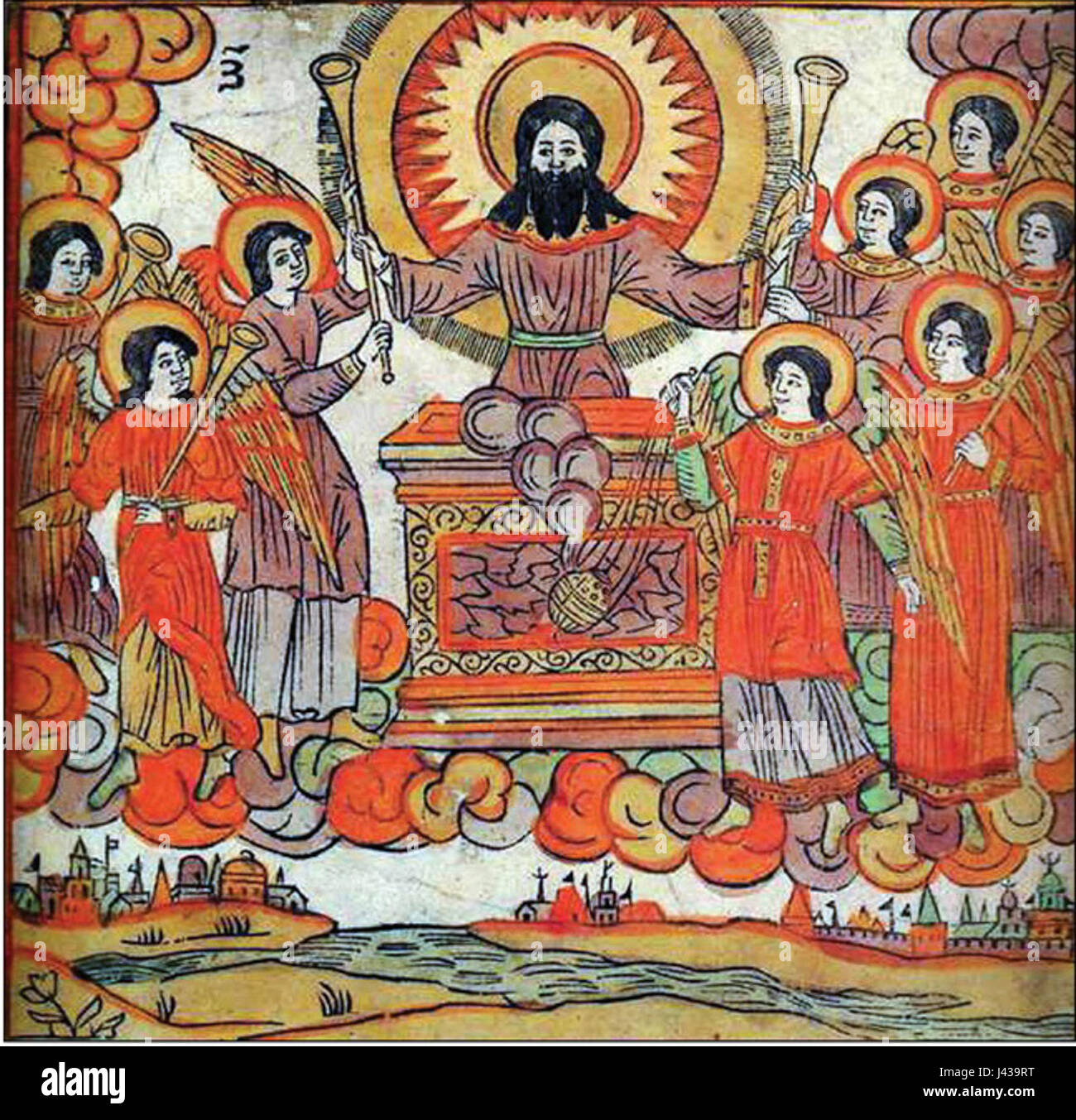 Lubok of Resurrection bezieht sich auf eine Art russischer Volkskunst oder religiöser Holzschnitt-Illustration, die Szenen der Auferstehung darstellt, wahrscheinlich aus einem religiösen oder kulturellen Kontext. Stockfoto