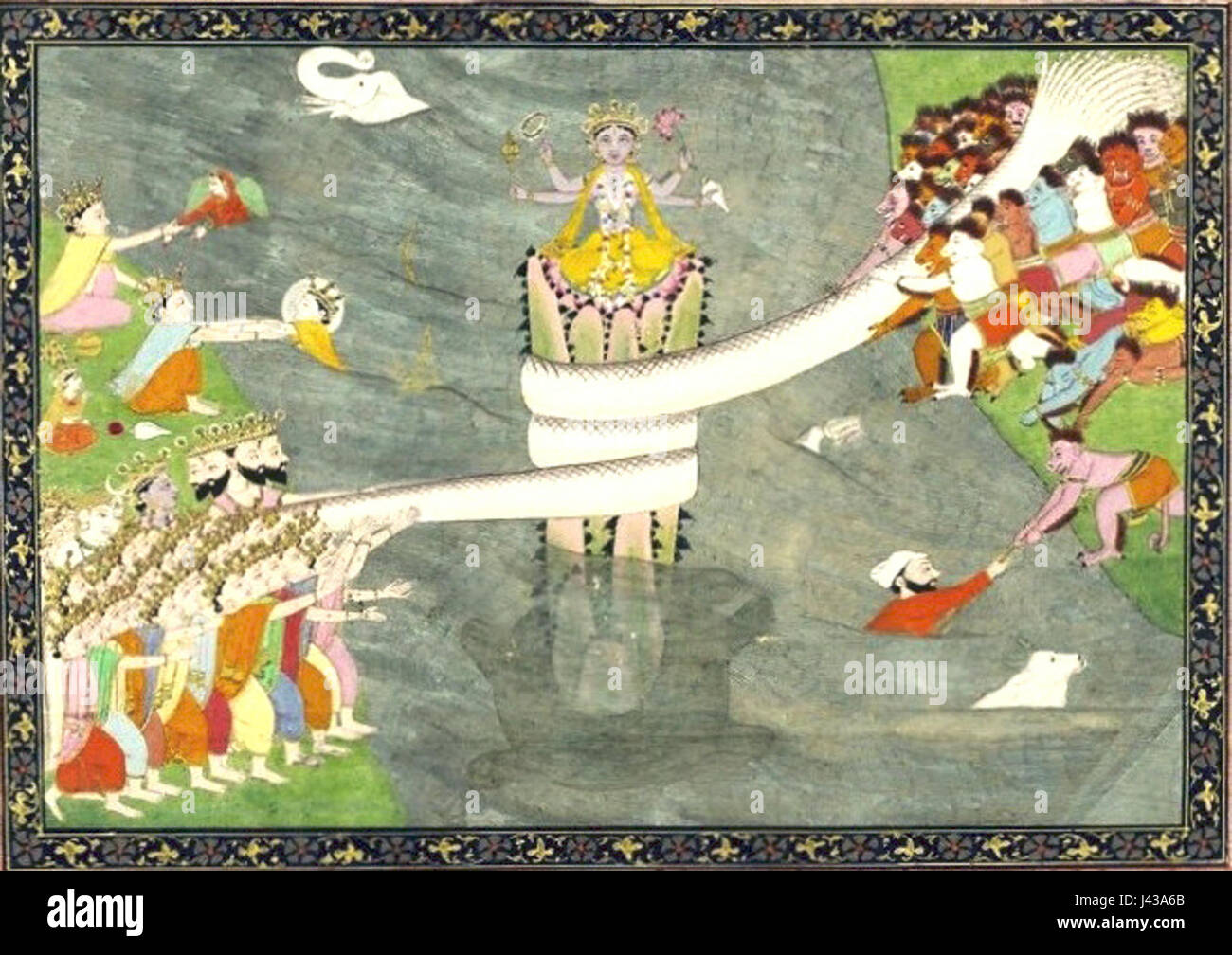 Der Kurma-Avatar von Vishnu, der um 1870 in Kunstwerken dargestellt wird, bezieht sich auf einen der zehn wichtigsten Avatare des hinduistischen Gottes Vishnu. In diesem Avatar nimmt Vishnu die Form einer Schildkröte an, um den Berg Mandara während des Aufwirbelns des Ozeans zu stützen. Stockfoto