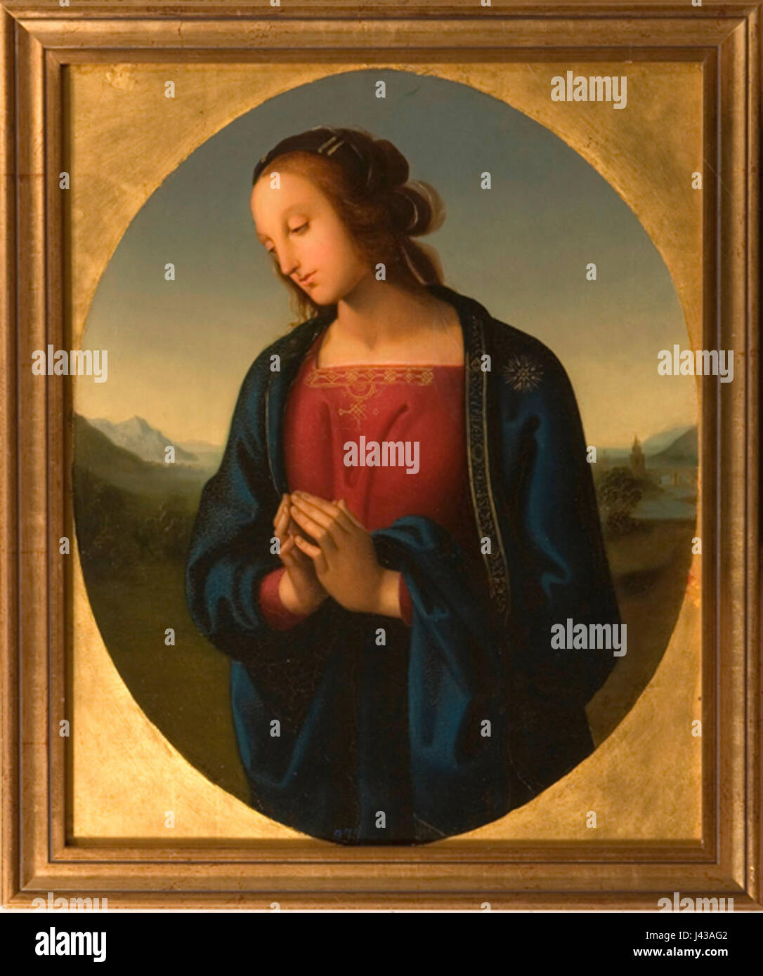 Dieses Kunstwerk von Swerchkov, das auf Peruginos Stil basiert, zeigt die Madonna, die vom Meister der Renaissance beeinflusst wurde. Es ist eine Interpretation eines klassischen religiösen Themas in der Kunst aus dem 19. Jahrhundert. Stockfoto