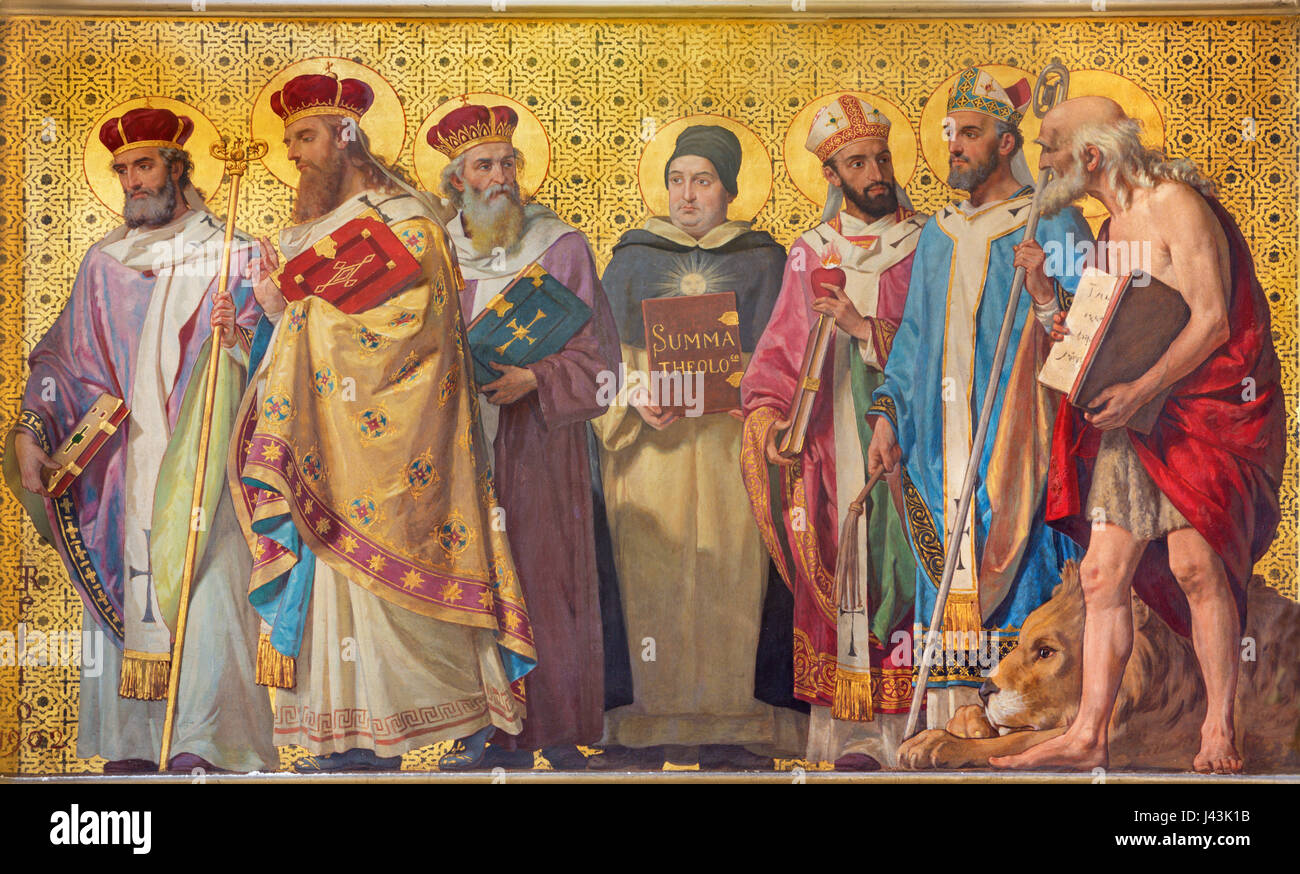 TURIN, Italien - 15. März 2017: Das symbolische Fresko des Heiligen Ärzte der Kirche mit der in Kirche Chiesa di San Dalmazzo von Enrico Reffo (1831 – 1917) Stockfoto