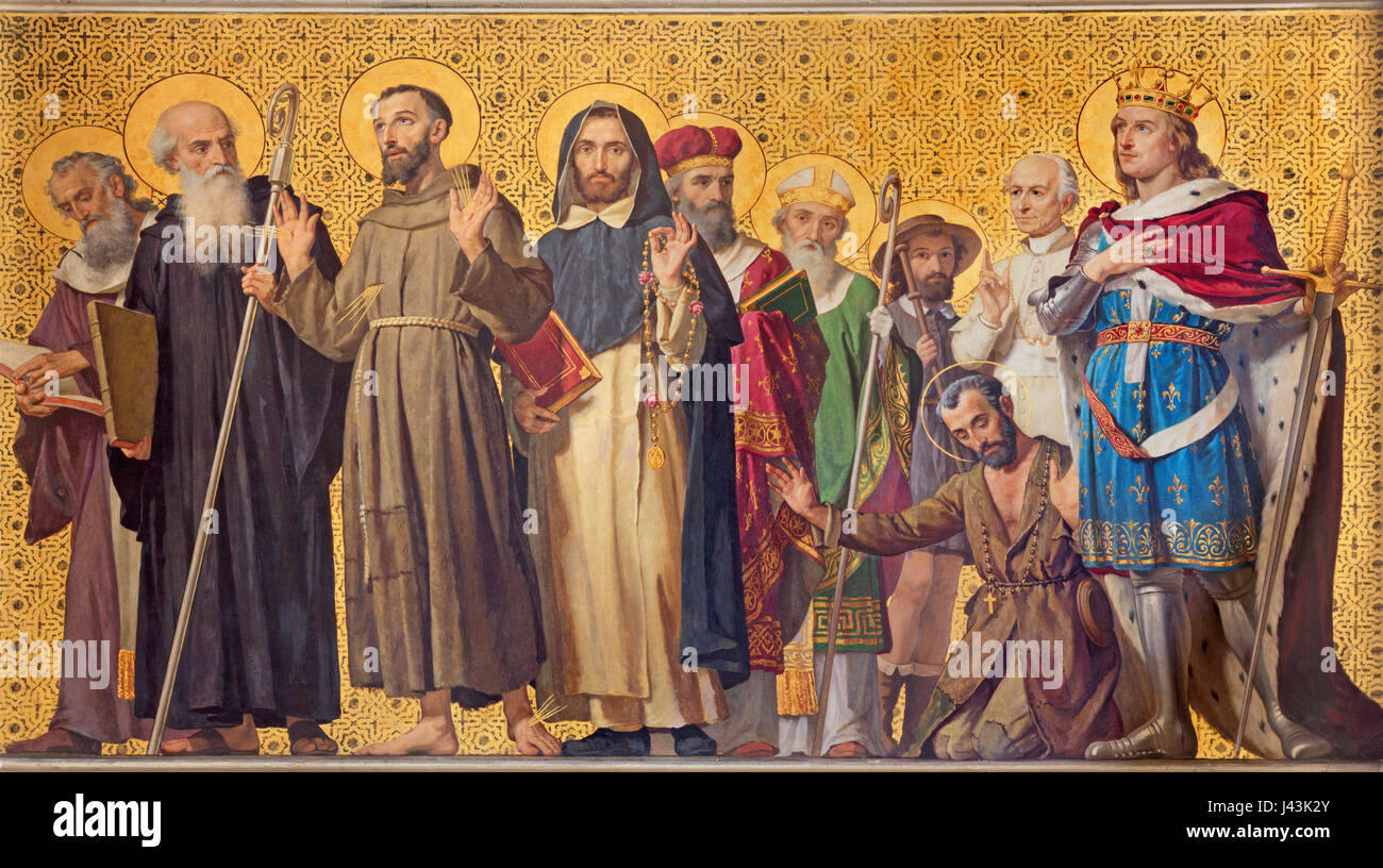 TURIN, Italien - 15. März 2017: Der symbolische Fresko des Heiligen Bekenner in Kirche Chiesa di San Dalmazzo von Enrico Reffo (1831 – 1917). Stockfoto