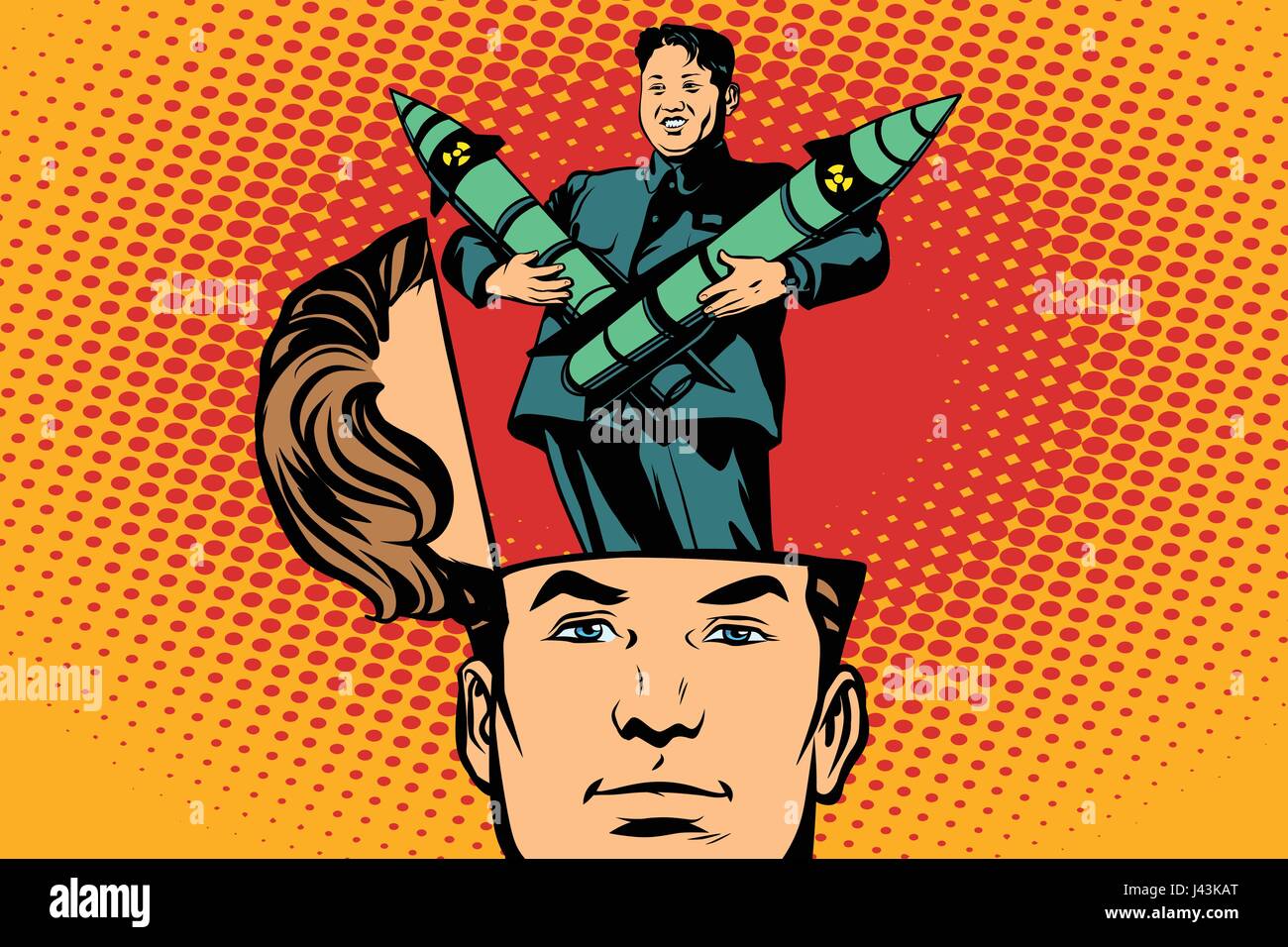 Mann mit einem offenen Kopf Kim Jong UN der Führer der Demokratischen Volksrepublik Korea. Comic-Cartoon-Stil-Pop-Art-Retro-Farbe-Vektor-illustration Stock Vektor