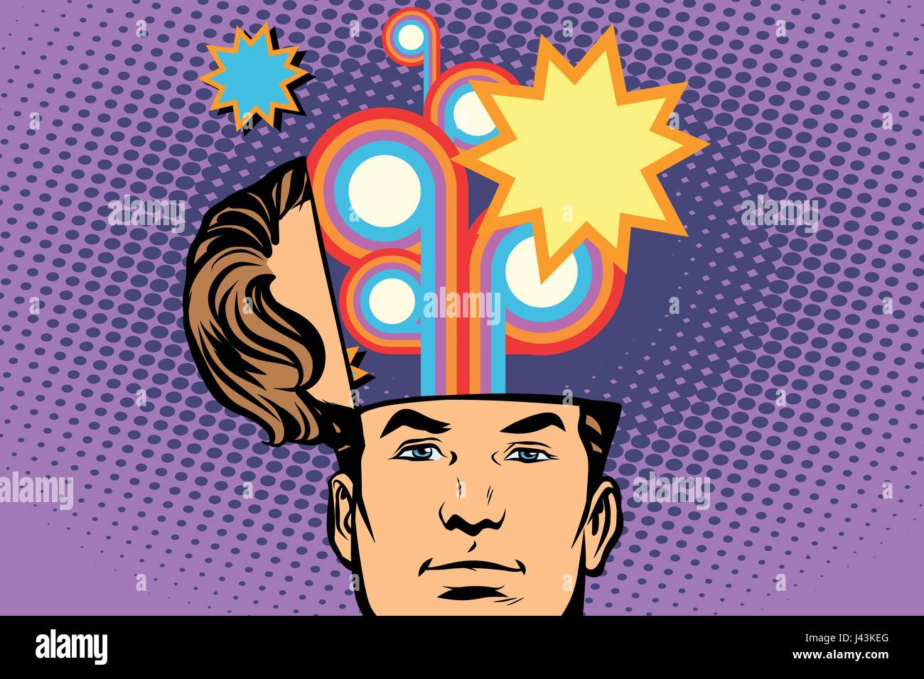 Mann mit einem offenen Kopf Festival Feuerwerk-Karneval. Comic-Cartoon-Stil-Pop-Art-Retro-Farbe-Vektor-illustration Stock Vektor