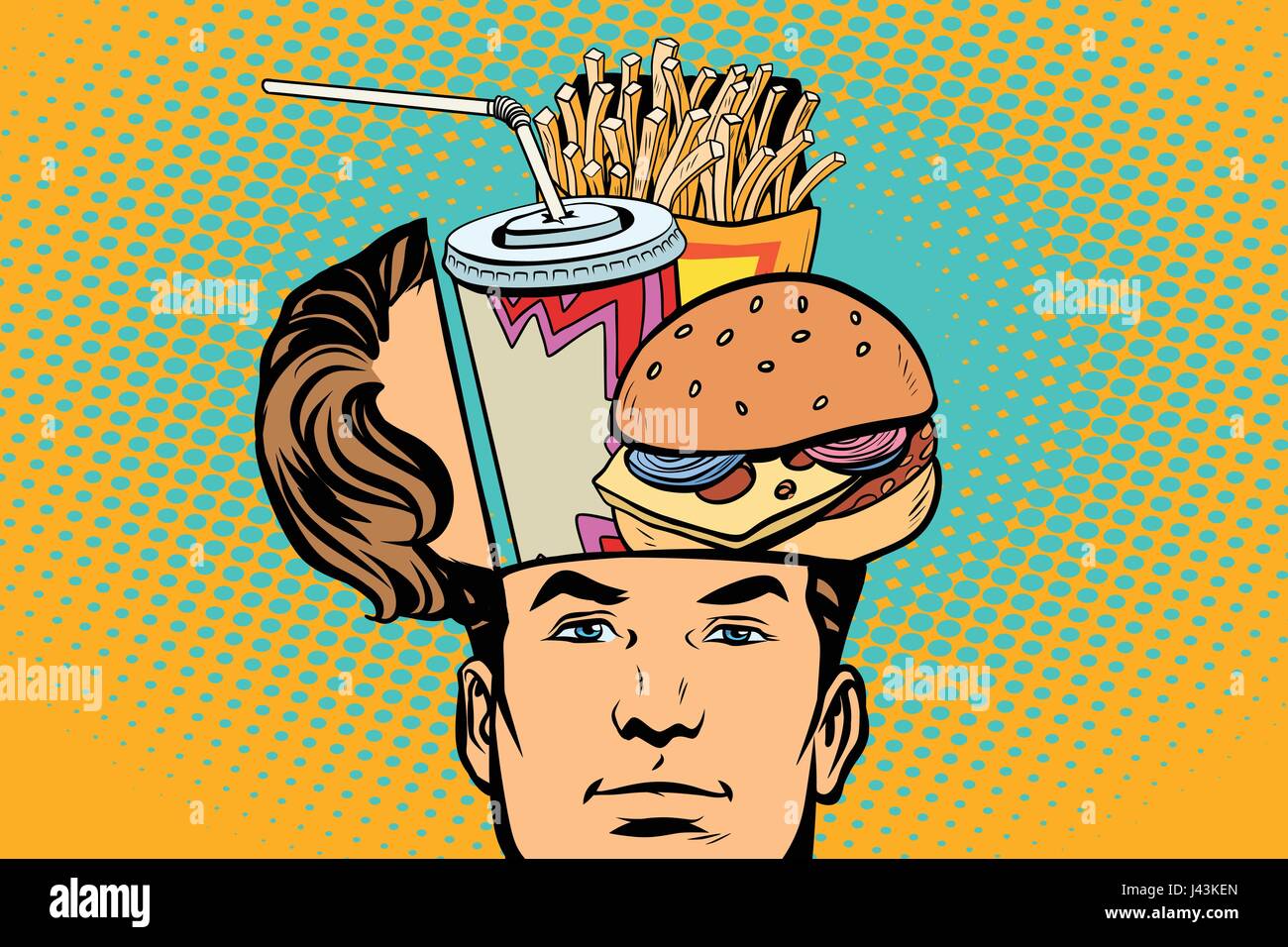 Mann mit einem offenen Kopf Fast-Food. Comic-Cartoon-Stil-Pop-Art-Retro-Farbe-Vektor-illustration Stock Vektor