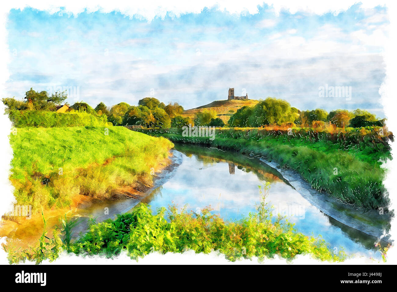 Wasser Farbe Malerei der Graben prahlen erhebt sich über der Somerset Levels bei Burrowbridge Stockfoto
