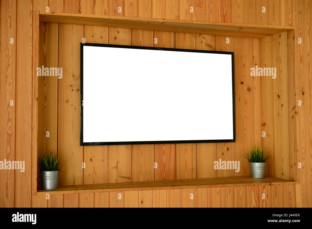 Mock-up des TV-Bildschirms auf Holzwand Stockfoto
