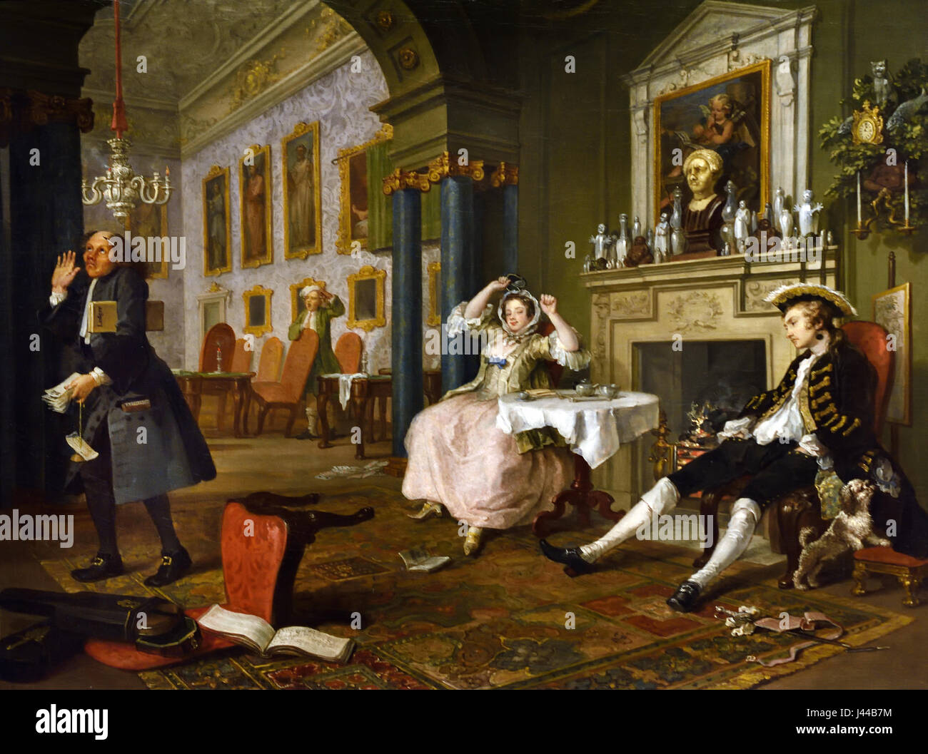 Ehe A-la-Modus: 2, das Tête À Tête 1743, William Hogarth 1697-1764 Vereinigtes Königreich, Großbritannien, England, Englisch, Britisch (die Vermählung von der Vicomte und der Kaufmannstochter schnell erweist sich als eine Katastrophe. Die müde Frau, die offenbar eine Karte-Party am Abend zuvor gegeben haben, ist beim Frühstück in das Paar teure Haus, das jetzt in Unordnung.  ) Stockfoto