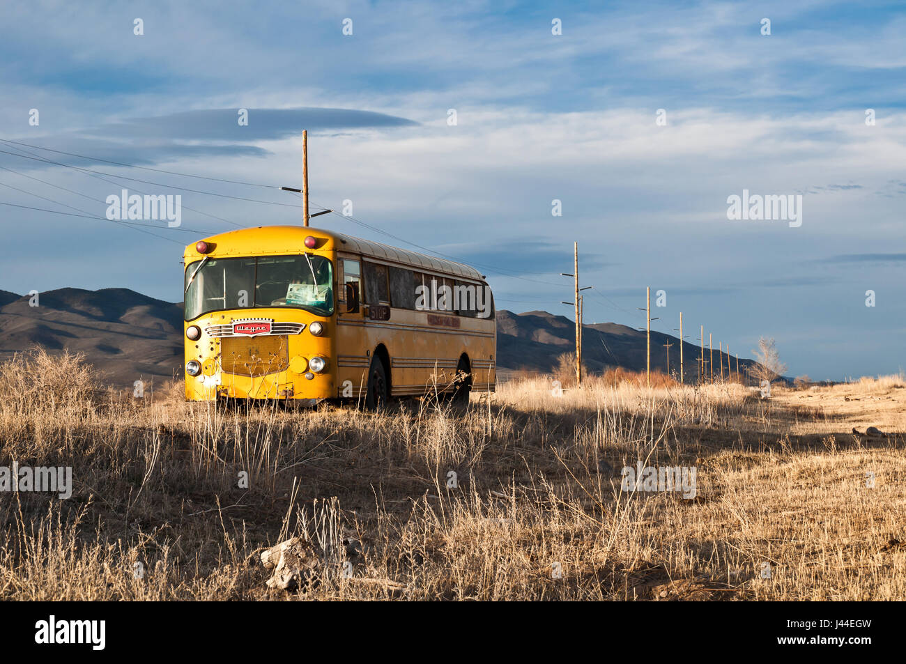 Vintage Schulbus verlassen in einem Feld in Utah. Stockfoto