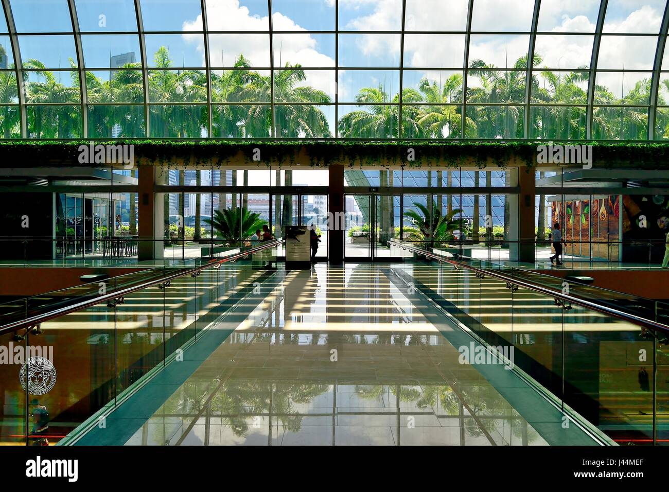 Innenraum der modernen Atrium des Marina Bay Sands Einkaufszentrum mit Blick auf Palmen und ein blauer Himmel Stockfoto