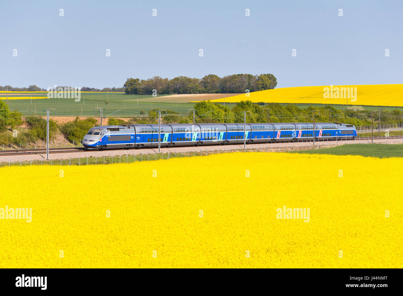 TGV Duplex mit Hight Geschwindigkeit in Yonne, Frankreich Stockfoto