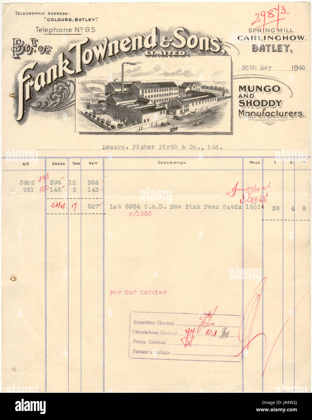Rechnung von Mungo und schlampige Hersteller Frank Townend & Söhne, Batley, Yorkshire, Mai 1940 Stockfoto