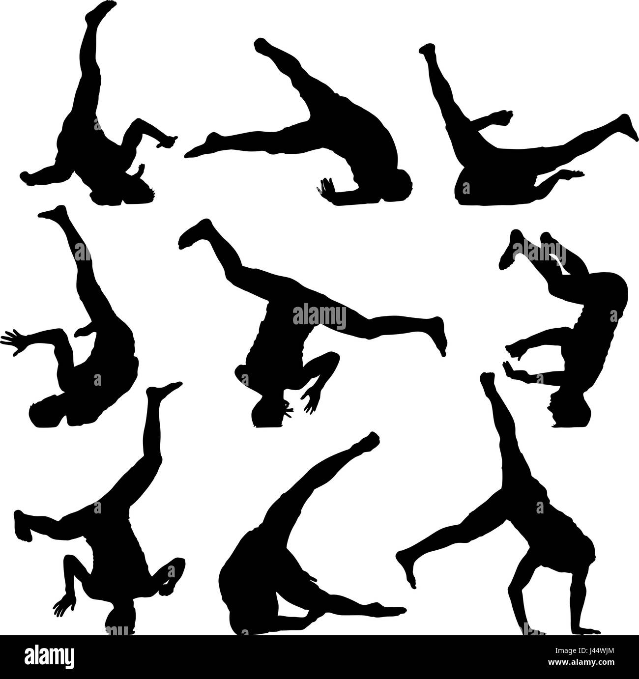 Schwarze Silhouetten Breakdance auf einem weißen Hintergrund festlegen Stock Vektor