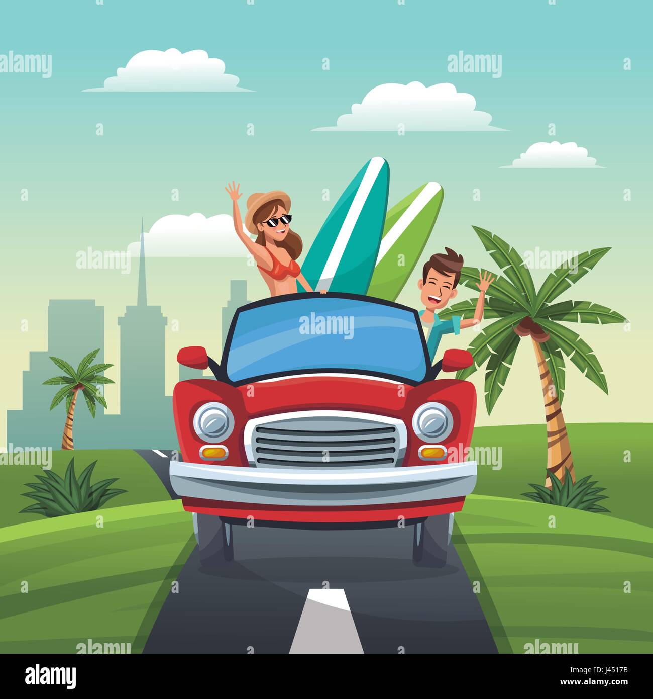 paar Auto Reisen Urlaub Straße Landschaft Stadt Hintergrund Stock Vektor