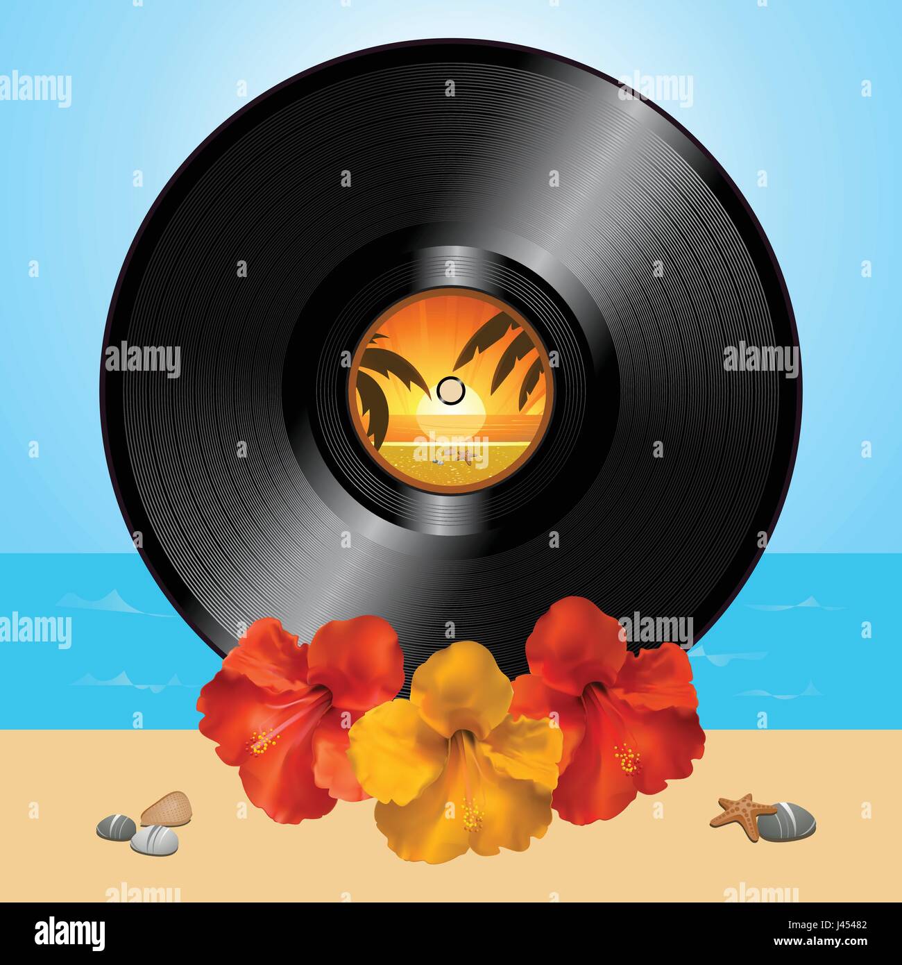 3D Abbildung eines schwarzen Vinyl Record Disc und Hibiskus Blumen über Sommer Strand Hintergrund Stock Vektor