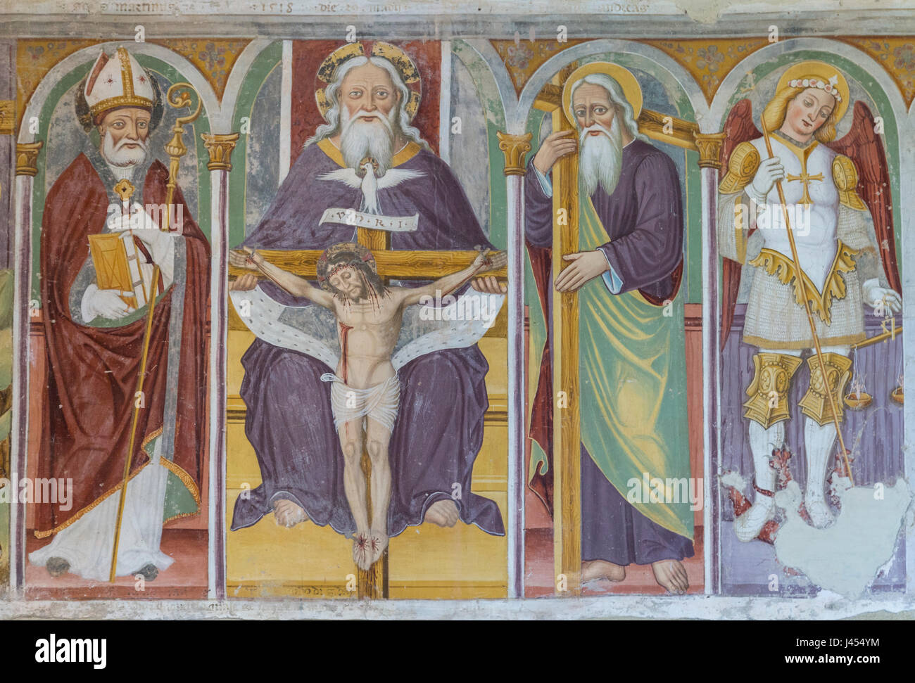Die wunderschöne Gemälde und Fresken des Santuario della Santissima Trinità in Casnigo, Val Seriana, Provinz Bergamo, Lombardei, Italien. Stockfoto