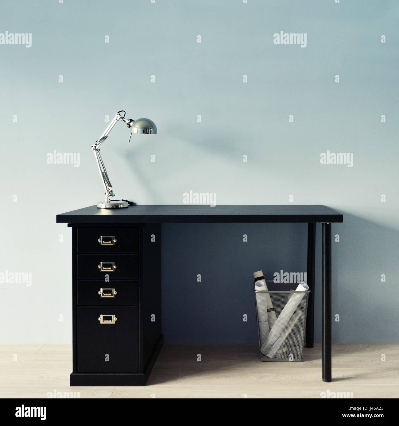 Apple-Stil minimalistischen Arbeitsplatz Mock-up in der Nähe von blauen Wand Stockfoto