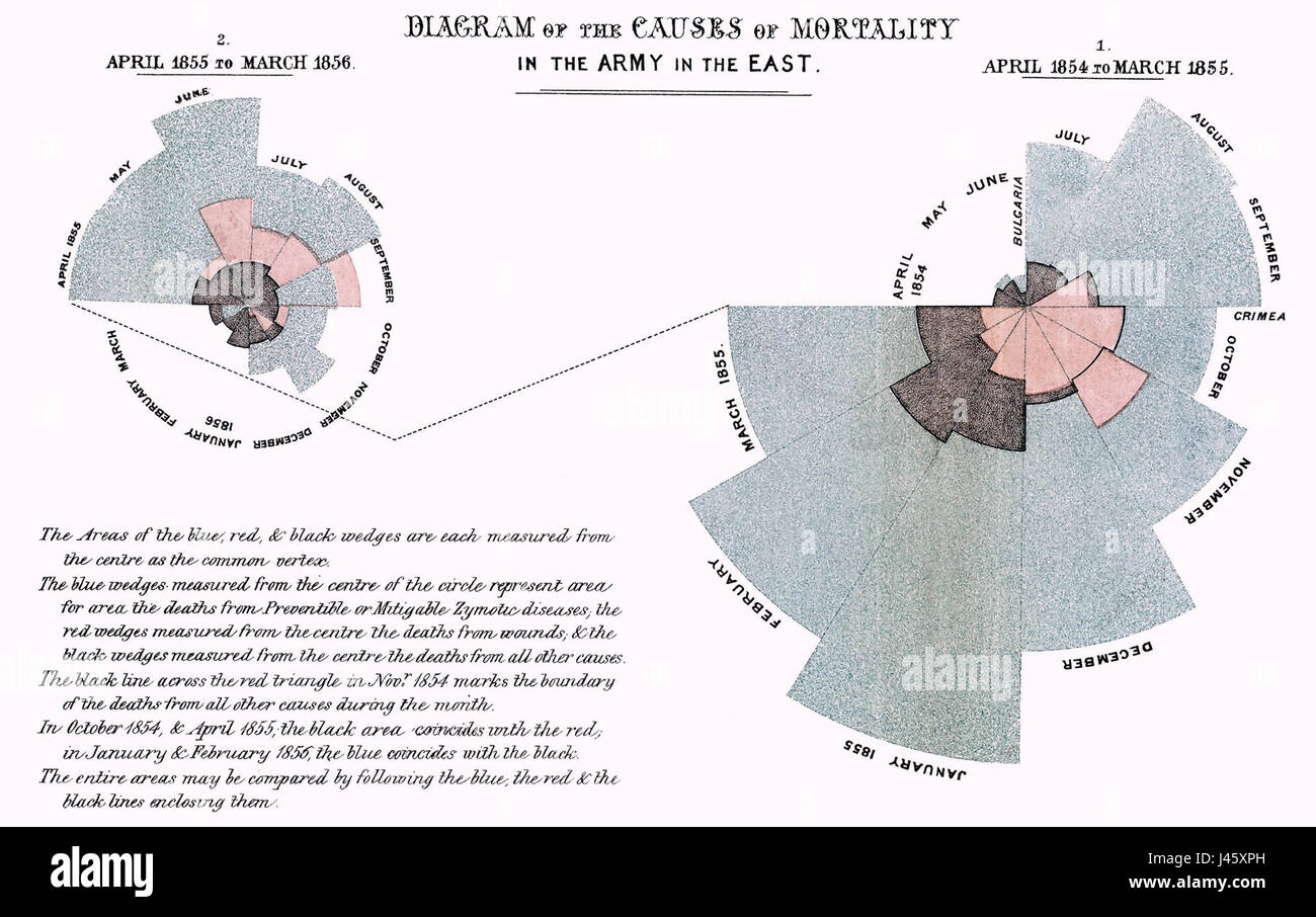 Dieser Begriff bezieht sich auf die Sterblichkeitsraten, die mit Florence Nightingales Arbeit zur Verbesserung der Gesundheitsstandards im 19. Jahrhundert verbunden sind, insbesondere in Bezug auf die Krankenpflege während des Krimkrieges. Stockfoto
