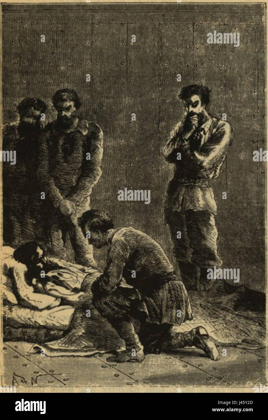 In dieser Szene wird Captain Nemo aus Jules Vernes Roman „20.000 Meilen unter dem Meer“ in einem verwundeten Zustand dargestellt. Der Charakter, bekannt für seine geheimnisvolle und komplexe Natur, steht bei seinen abenteuerlichen Unternehmungen unter dem Meer vor Herausforderungen. Stockfoto