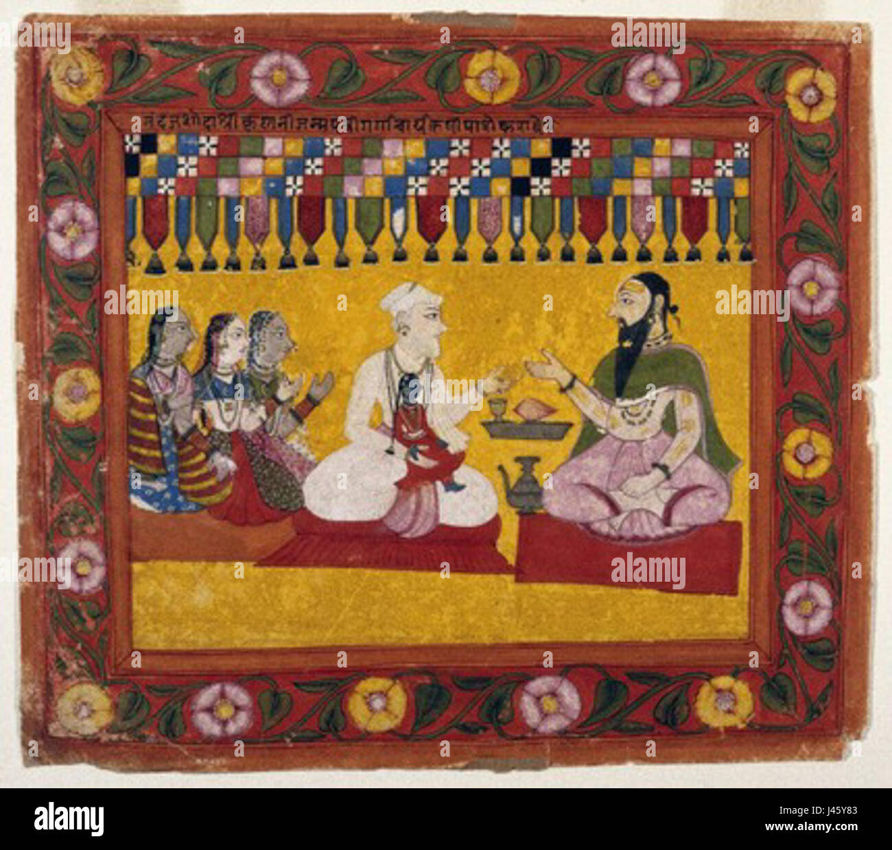In dieser Erzählung sucht Nanda ein Horoskop für Krishna, seinen Sohn, das die kulturelle Bedeutung von Astrologie und Schicksal in hinduistischen Traditionen widerspiegelt. Diese Aufforderung unterstreicht die Bedeutung astrologischer Führung in der alten indischen Kultur und religiösen Praktiken. Stockfoto