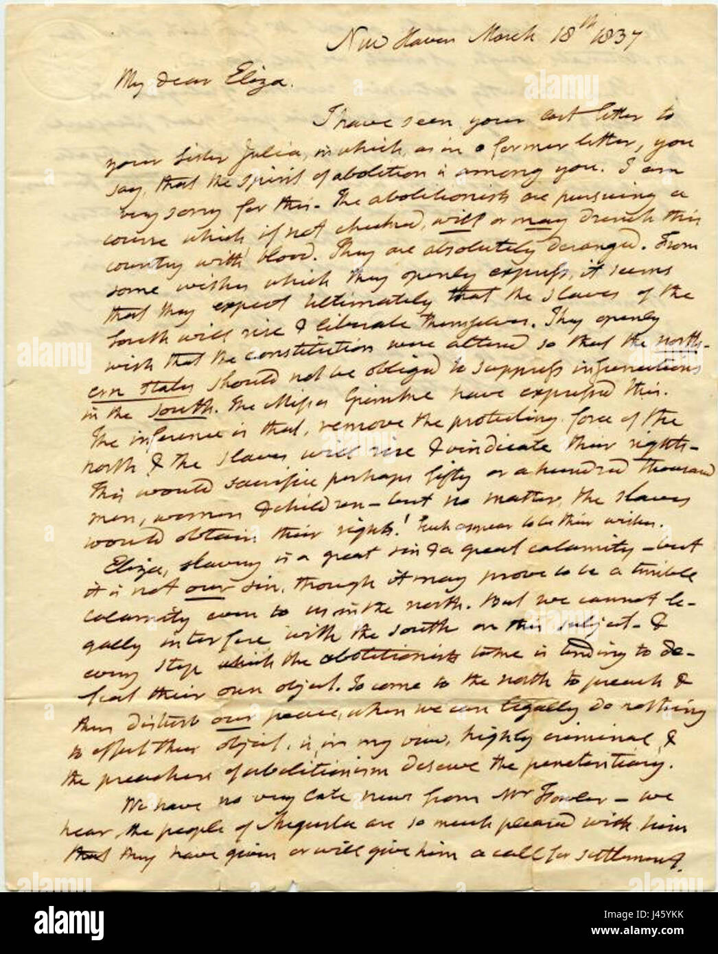 Noah Webster schreiben an Eliza Webster zum Abolitionismus 1837 Stockfoto