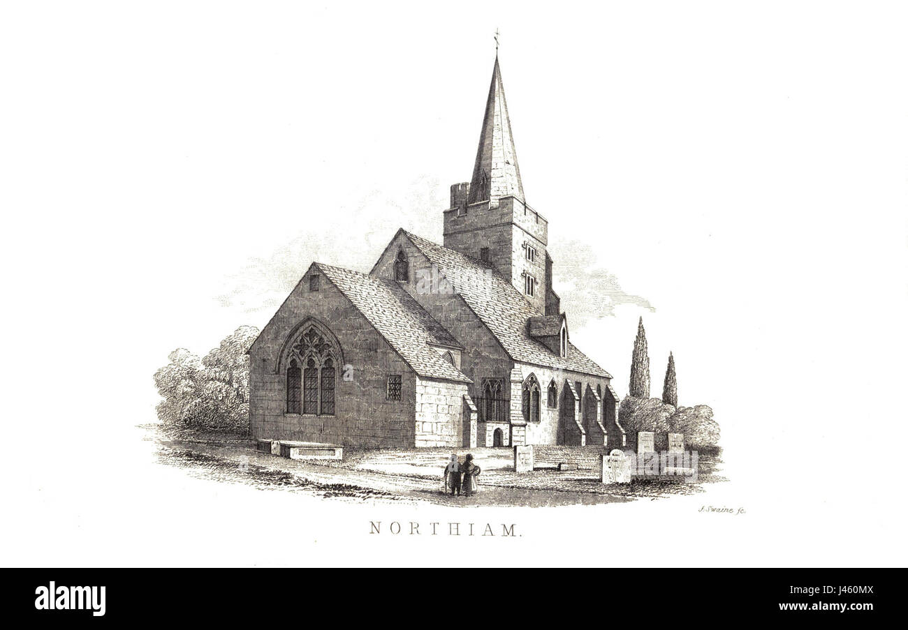 Foto der Northiam Church, einer anglikanischen Pfarrkirche in East Sussex, England. Das Bild hebt die architektonischen Merkmale der Kirche und die umliegende Landschaft hervor. Stockfoto Foto der Northiam Church, einer anglikanischen Pfarrkirche in East Sussex, England. Das Bild hebt die architektonischen Merkmale der Kirche und die umliegende Landschaft hervor. Stockfoto