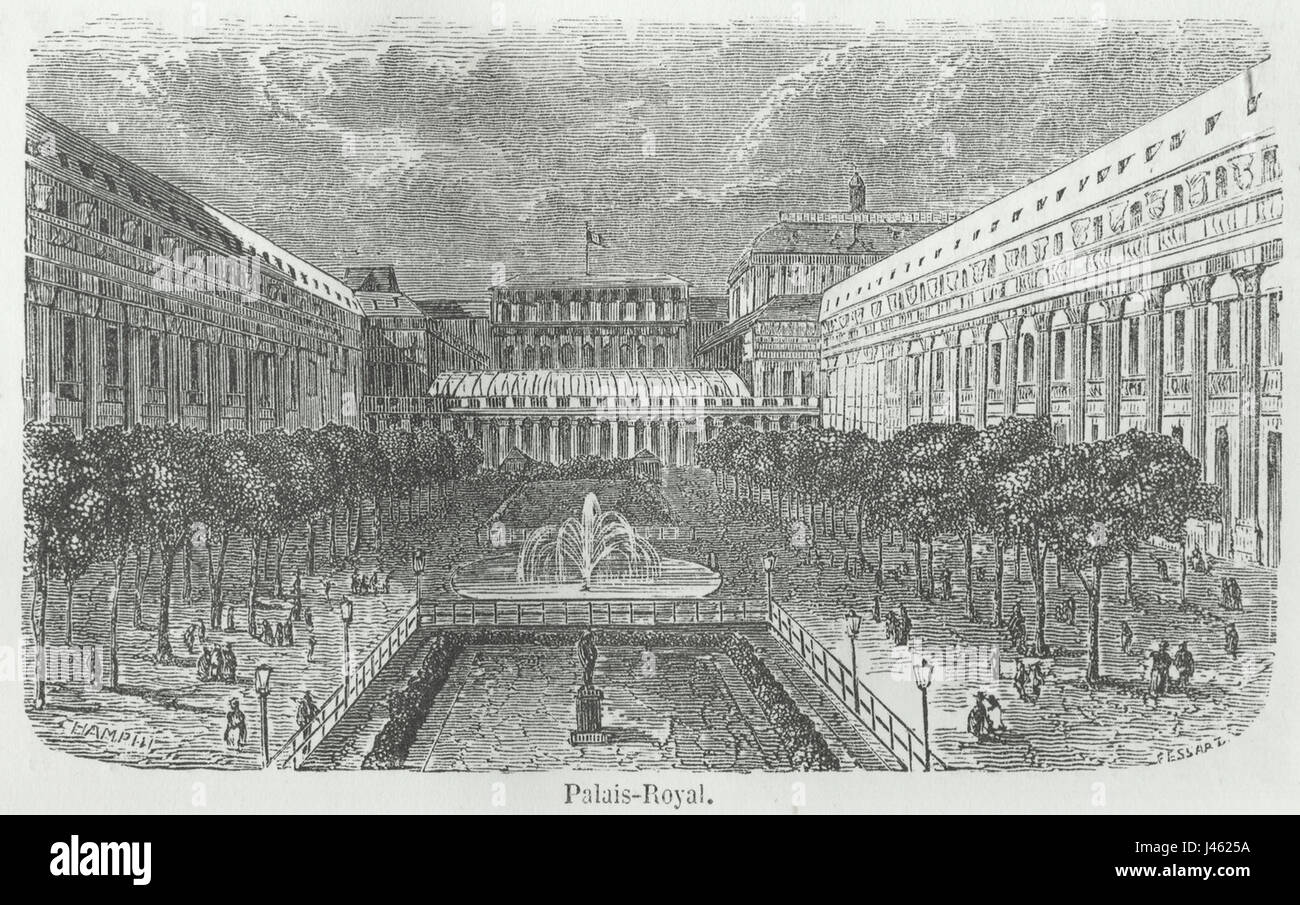 Das Palais Royal in Paris, wie es 1855 dargestellt wurde, war ein bedeutendes kulturelles und architektonisches Wahrzeichen. Bekannt für seine Rolle in der französischen Geschichte, war das Palais Royal ein Drehkreuz für gesellschaftliche und politische Zusammenkünfte. Das Bild von 1855 zeigt seine Größe und historische Bedeutung in einer Zeit des sozialen Wandels in Frankreich. Stockfoto