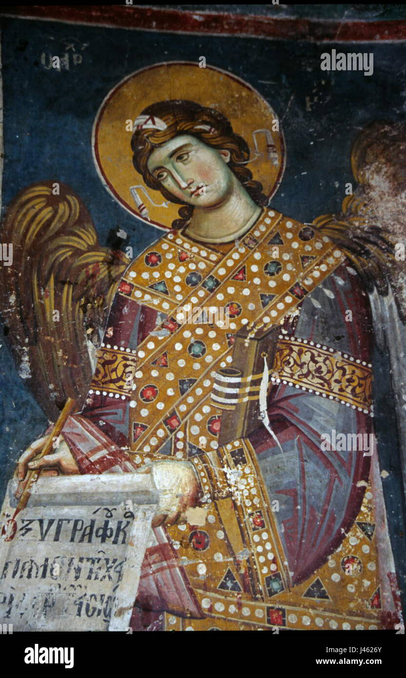 Die Kirche des Theotokos Peribleptos in Ohrid enthält eine Reihe von Gemälden, die wichtige Beispiele byzantinischer Kunst darstellen und religiöse Themen und Ikonographie darstellen. Stockfoto