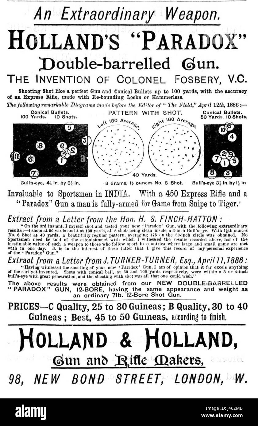 Dies ist eine Werbung für die Paradox Gun, eine Art Schusswaffe, die für ihr einzigartiges Design bekannt ist, das sowohl gezogene als auch glatte Ausführung ermöglicht. Die Kanone wurde ursprünglich sowohl für Langstreckenschießen als auch für Nahkämpfe entwickelt. Stockfoto