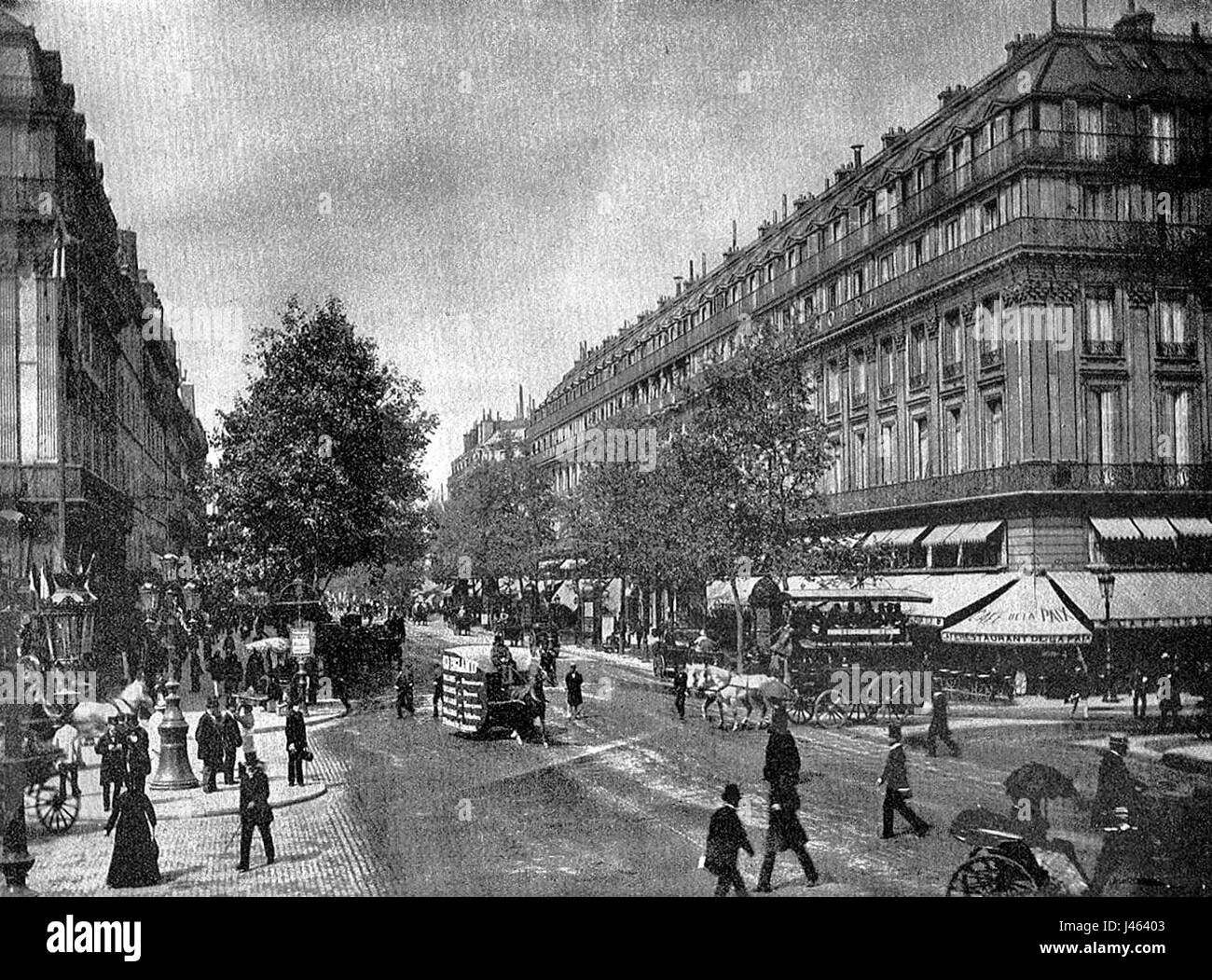 Paris in den 1890er Jahren war eine lebendige und dynamische Periode, geprägt von bedeutenden kulturellen und künstlerischen Bewegungen, einschließlich der Entstehung des Jugendstils und des Einflusses von Figuren wie Toulouse-Lautrec. Die Stadt erlebte in dieser Zeit großes Wachstum und Innovation. Stockfoto