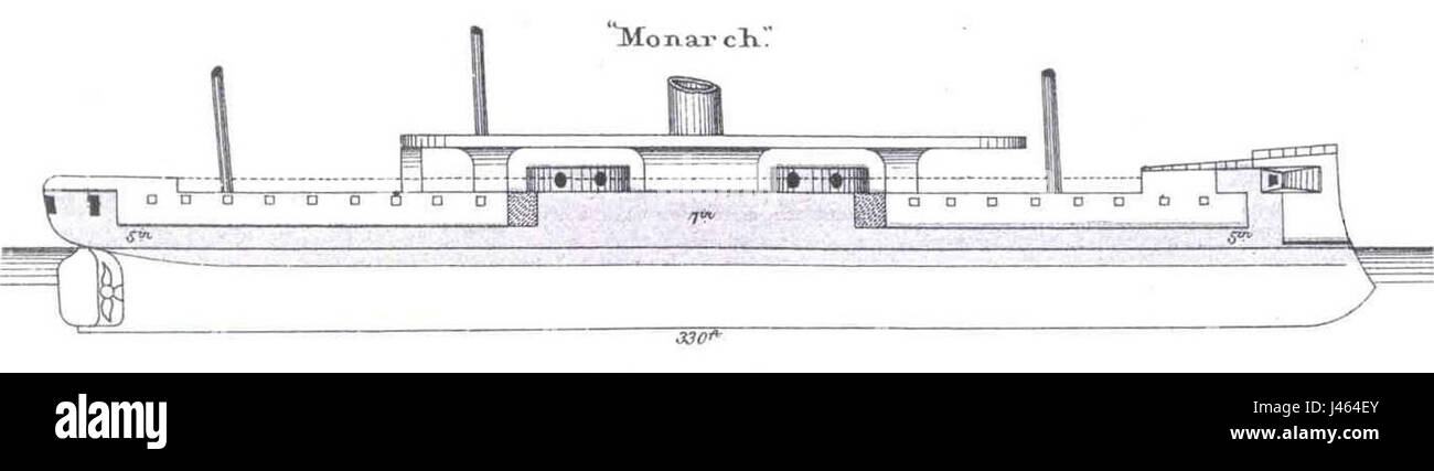 Seitenansicht der Monarch (1868), ein bedeutendes Schiff aus dem 19. Jahrhundert, das sein Design und seine Marinearchitektur hervorhebt. Stockfoto