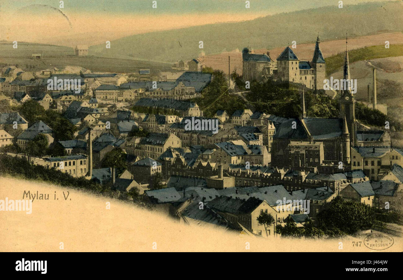 Ein Foto von Mylau um 1905, das die Architektur und das gesellschaftliche Leben der historischen Stadt um die Wende zum 20. Jahrhundert feststellt. Stockfoto